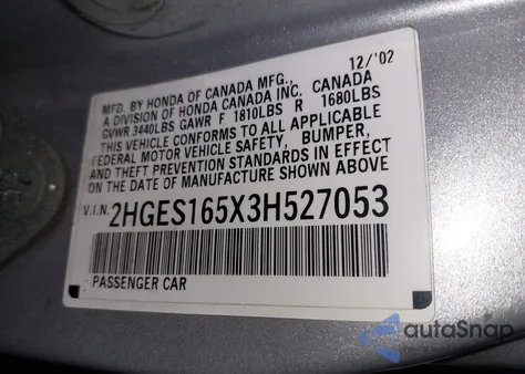 2003 Honda Civic Lx z USA, uszkodzony, nr VIN 2HGES165X3H527053